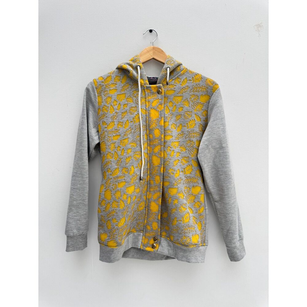 Grey & Yellow Leaf Print Hoodie Jacket Junior Large (Fits Adult Medium)